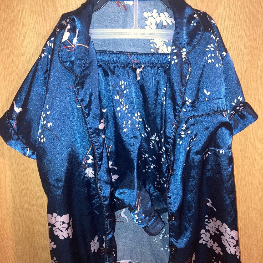 Unknown Medium Women's Sleep PJ Silky Button Up Shirt and Shorts Dark Blue